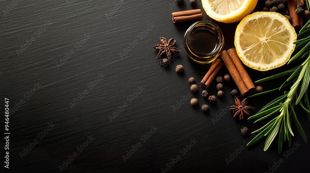 A vibrant arrangement of spices, lemon slices, and herbs on a dark background, perfect for culinary inspiration and healthy living. A vibrant arrangement of spices, lemon slices, and herbs on a dark background, perfect for culinary inspiration and healthy living.