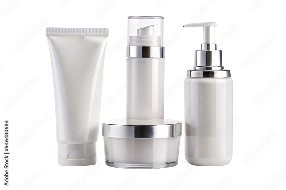 A collection of white skincare products, including a tube, pump bottle, and jar, each with shiny silver accents, symbolizing purity and elegance, on a transparent background