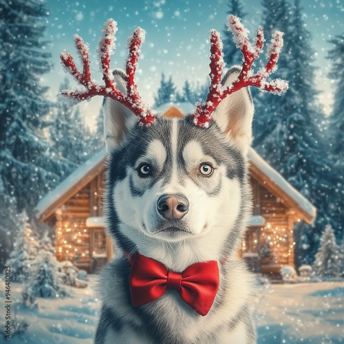 A dog in a festive Christmas setting, surrounded by holiday decorations, embodying the warmth and joy of the season. Perfect for themes of Christmas, pets, and holiday cheer photo