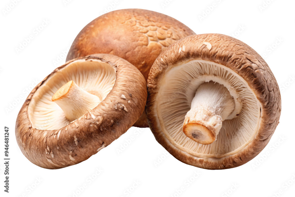 A group of shiitake mushrooms, with brown caps and visible gills, the texture of the caps showing a slightly rough, natural appearance, on a transparent background A group of shiitake mushrooms, with brown caps and visible gills, the texture of the caps showing a slightly rough, natural appearance, on a transparent background