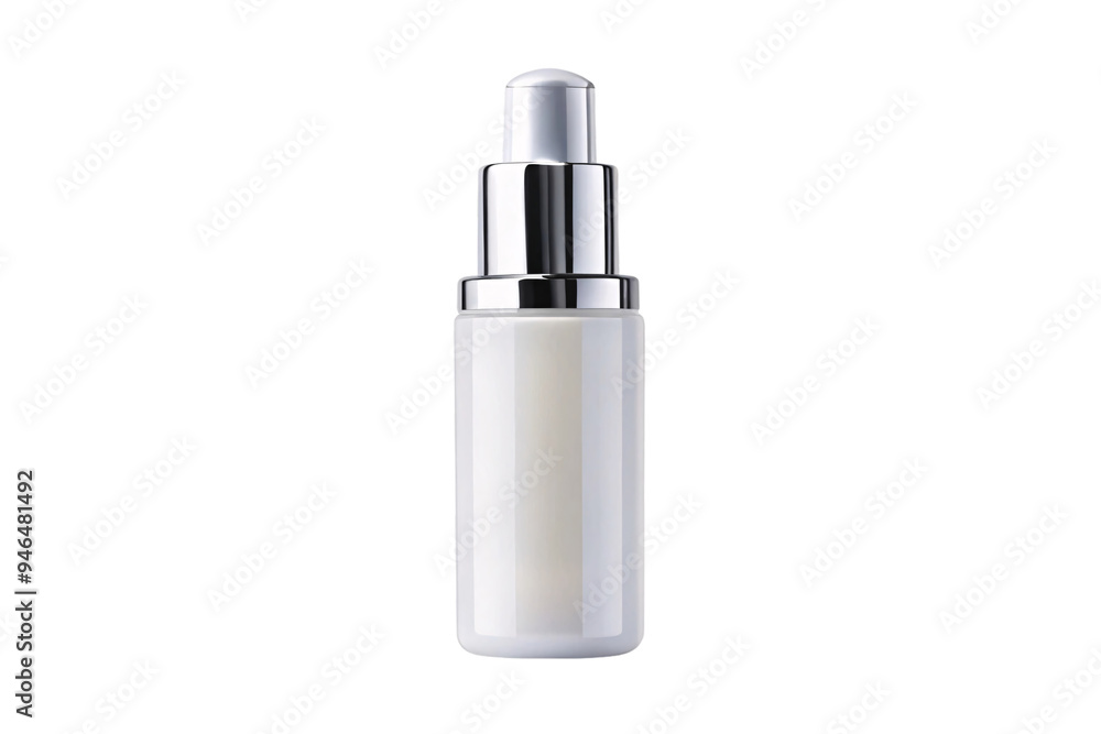 A minimalist white serum bottle with a shiny, metallic cap, exuding a sense of purity and modern sophistication for cosmetic packaging, on a transparent background A minimalist white serum bottle with a shiny, metallic cap, exuding a sense of purity and modern sophistication for cosmetic packaging, on a transparent background