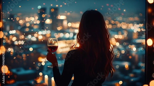 Silhouette of a woman holding wine, gazing at a vibrant cityscape illuminated by night lights, evoking feelings of tranquility and reflection. photo