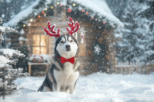 A dog in a festive Christmas setting, surrounded by holiday decorations, embodying the warmth and joy of the season. Perfect for themes of Christmas, pets, and holiday cheer photo