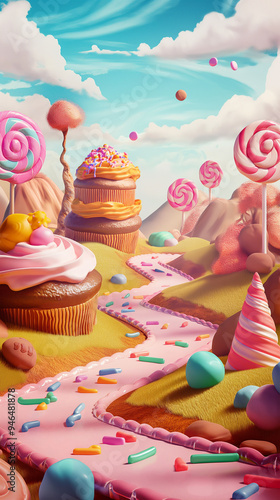 The Fantasy sweet candy land game landscape background, Illustration