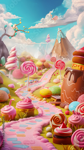 The Fantasy sweet candy land game landscape background, Illustration