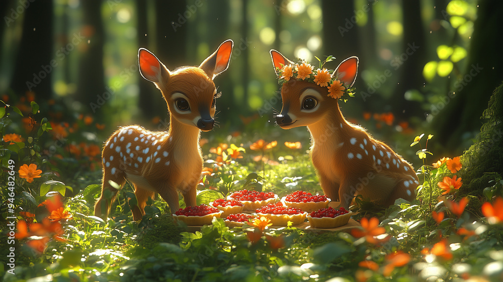 Naklejka premium Two adorable fawns enjoying a picnic of berries in a sunlit forest, surrounded by flowers, with one fawn wearing a floral crown, creating a whimsical and enchanting scene