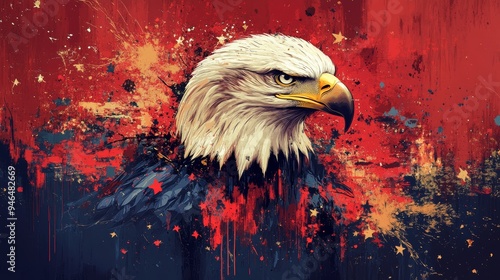 A striking illustration of a majestic eagle with a fierce expression, set against a vibrant and abstract background filled with colors and stars