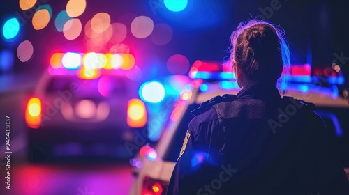 Police officers responding to a late-night incident with flashing lights in the background