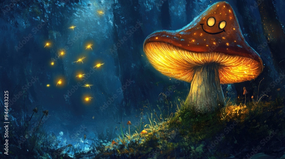 A tall mushroom with a wavy cap, smiling as it watches fireflies float around. A tall mushroom with a wavy cap, smiling as it watches fireflies float around.