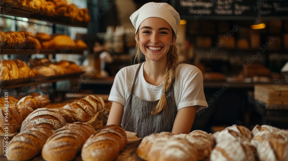 A cheerful baker smiles behind a display of fresh bread in a cozy bakery, showcasing her passion for baking in a warm atmosphere A cheerful baker smiles behind a display of fresh bread in a cozy bakery, showcasing her passion for baking in a warm atmosphere