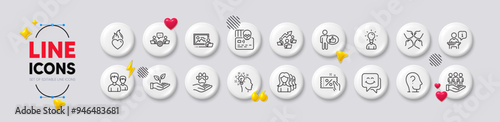 Heart flame, Teamwork chart and Photo studio line icons. White buttons 3d icons. Pack of Women headhunting, Education, Discount coupon icon. Helping hand, Couple, Idea pictogram. Vector