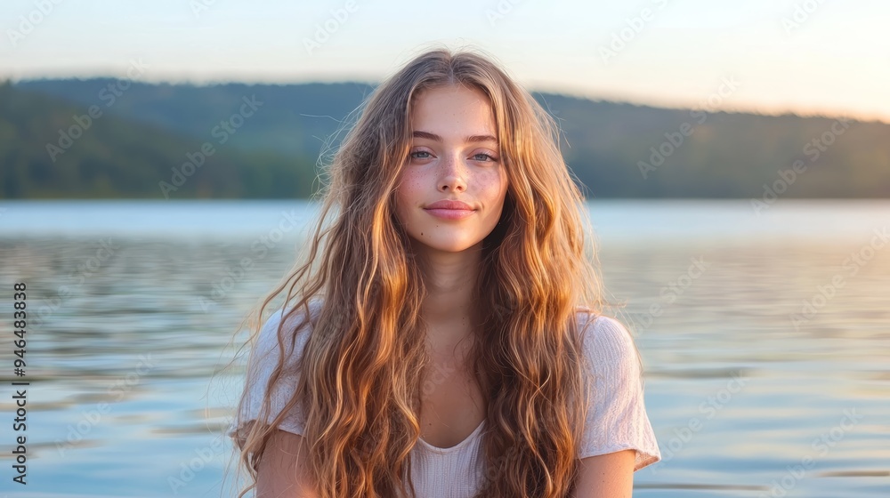 A serene portrait of a young woman by the lake, with long flowing hair and a calm expression, capturing the beauty of nature. A serene portrait of a young woman by the lake, with long flowing hair and a calm expression, capturing the beauty of nature.