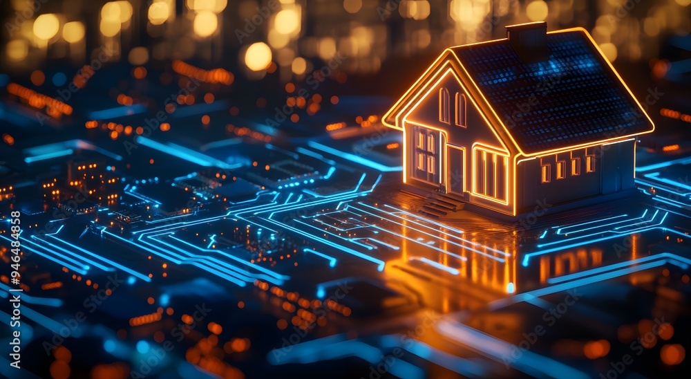 A futuristic digital image of an illuminated house icon floating above a glowing circuit board. Smart home technology. Real Estate Finance, real estate investment concepts, managing business aspects A futuristic digital image of an illuminated house icon floating above a glowing circuit board. Smart home technology. Real Estate Finance, real estate investment concepts, managing business aspects