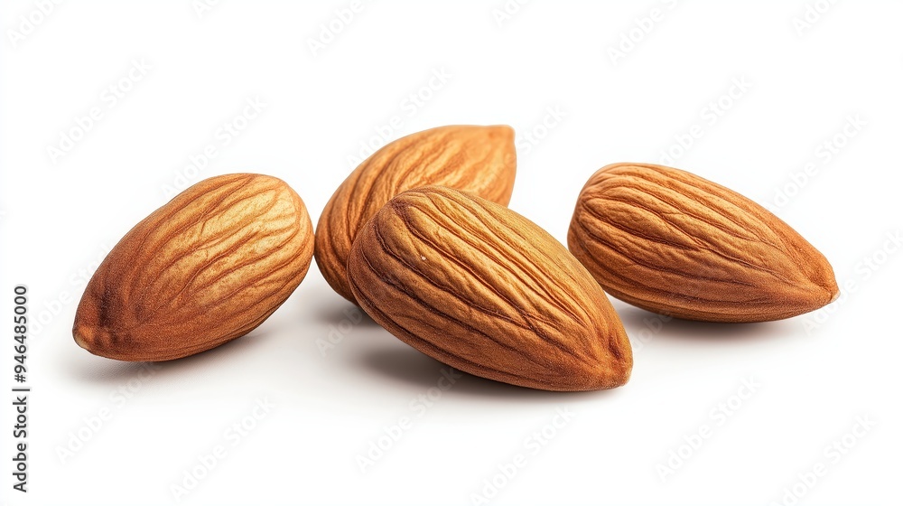 A close-up of four almonds showcasing their textured surface and natural color. A close-up of four almonds showcasing their textured surface and natural color.