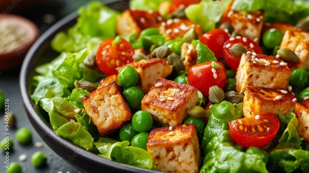 Vegetarian cuisine: Vegetable salad with tofu. Vegetarian cuisine: Vegetable salad with tofu.