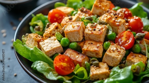 Vegetarian cuisine: Vegetable salad with tofu. 