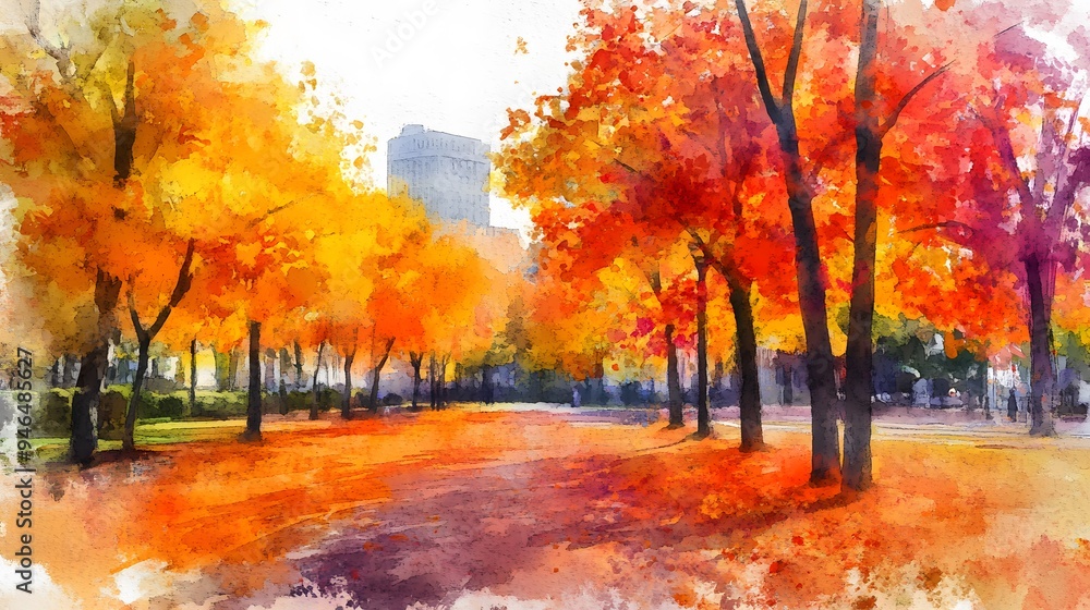 Autumn Trees Watercolor Painting Fall Foliage Landscape Nature Scene Autumn Trees Watercolor Painting Fall Foliage Landscape Nature Scene