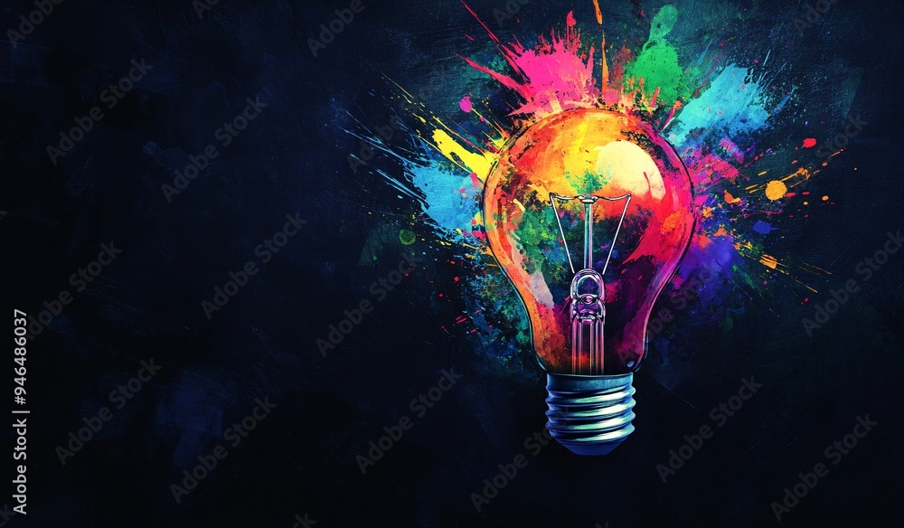 Vibrant Creativity: A Lightbulb Bursting with Colorful Ideas Paint Splashes Vibrant Creativity: A Lightbulb Bursting with Colorful Ideas Paint Splashes