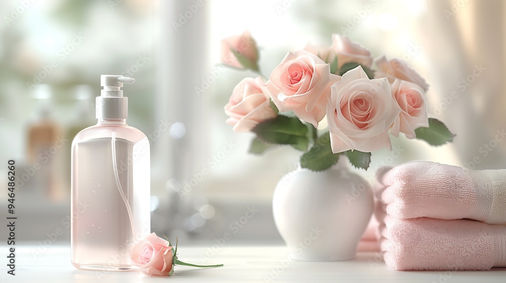 a bottle worth 100 ml is on the table, on the left a small white vase : Generative AI a bottle worth 100 ml is on the table, on the left a small white vase : Generative AI