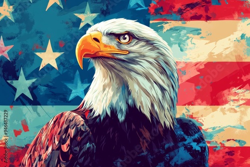 A majestic eagle set against a vibrant American flag backdrop, symbolizing freedom and patriotism with dynamic colors and artistic flair.