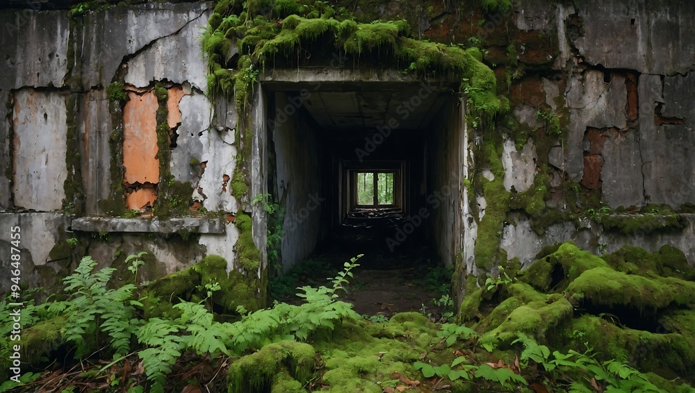 Nature overtakes a dilapidated wall with mossy growth in an abandoned setting Nature overtakes a dilapidated wall with mossy growth in an abandoned setting