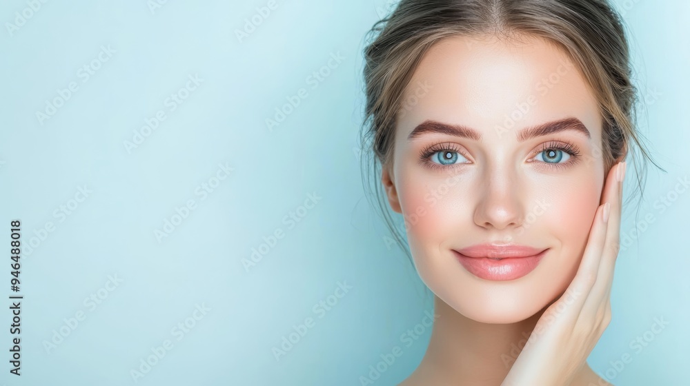 A stunning woman with glowing skin, displaying a natural smile against a light blue background. Perfect for beauty and skincare themes.