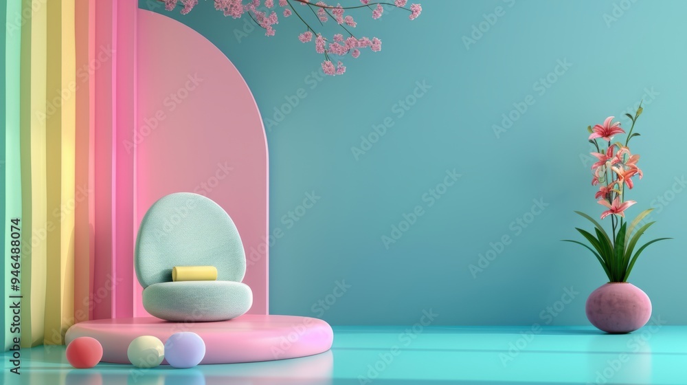 A spa interior decorated in soft rainbow hues, with minimalist furniture and decor creating a serene and inviting atmosphere. The image offers ample copy space for customization. A spa interior decorated in soft rainbow hues, with minimalist furniture and decor creating a serene and inviting atmosphere. The image offers ample copy space for customization.