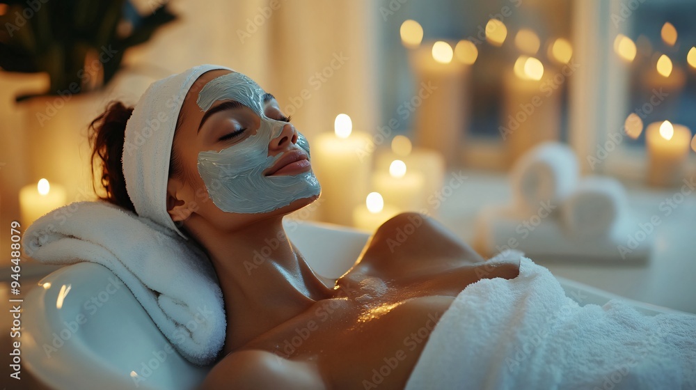 A serene bathroom scene with a woman relaxing in a bathtub, wearing a soothing clay facial mask and surrounded by candles and soft towels A serene bathroom scene with a woman relaxing in a bathtub, wearing a soothing clay facial mask and surrounded by candles and soft towels