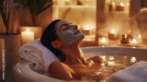 A serene bathroom scene with a woman relaxing in a bathtub, wearing a soothing clay facial mask and surrounded by candles and soft towels photo