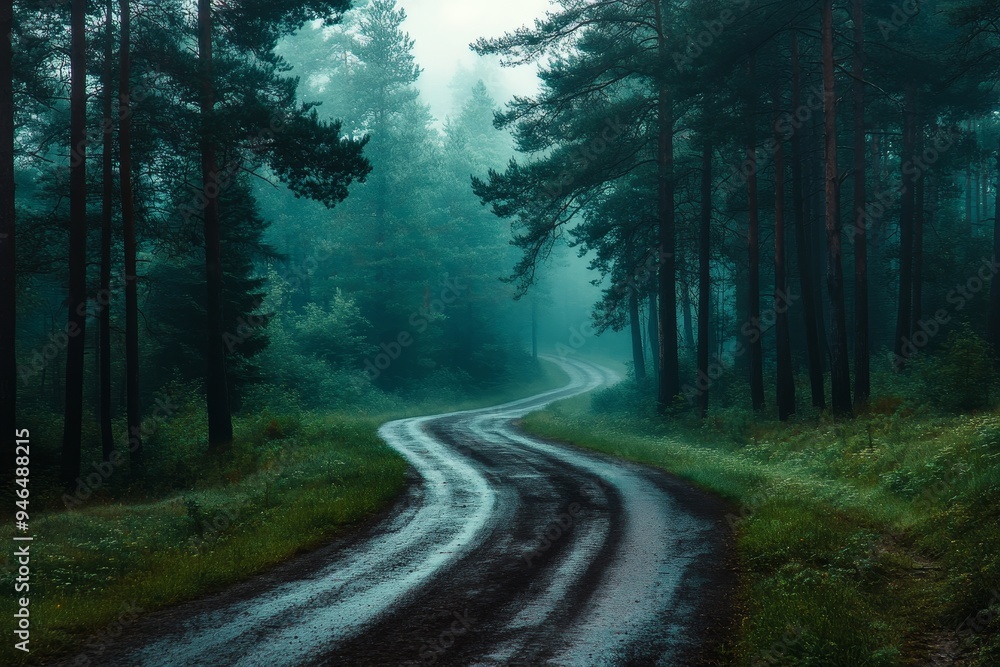 Naklejka premium Serene Journey: Winding Road in Mystical Pine Forest with Morning Mist