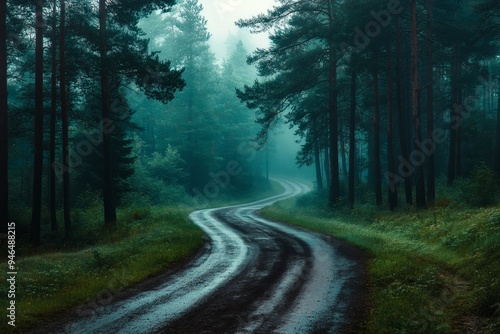 Serene Journey: Winding Road in Mystical Pine Forest with Morning Mist