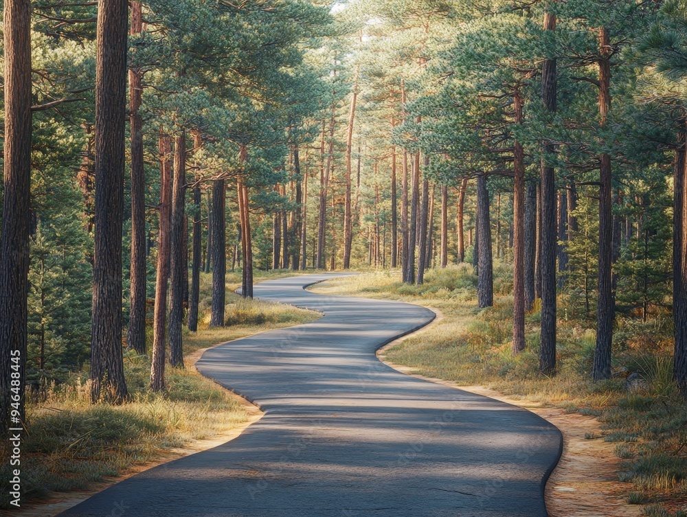 Naklejka premium Serene Path: Bicycle Trail Meandering Through Enchanting Pine Forest