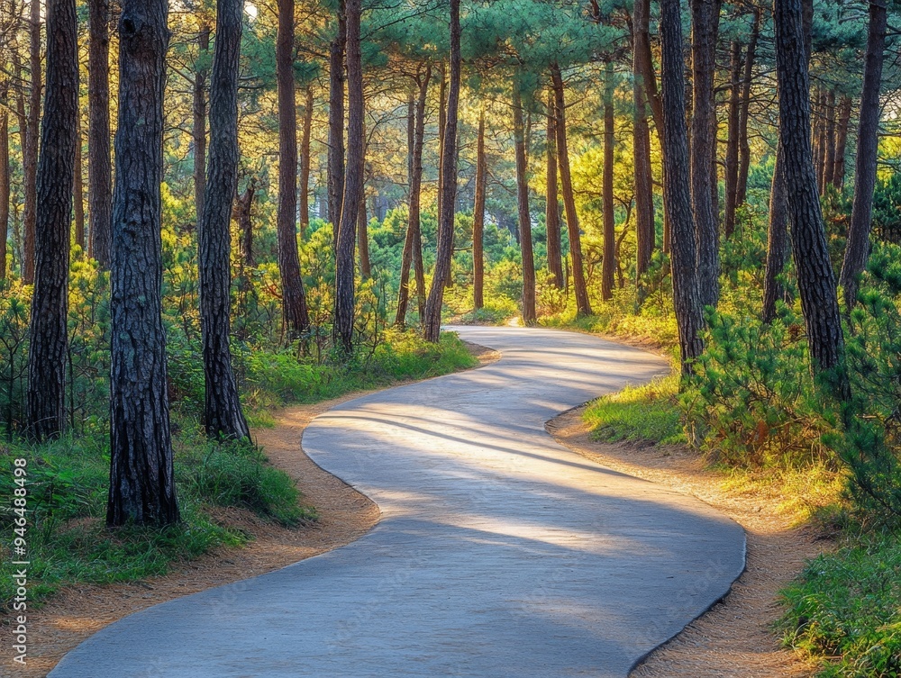 Fototapeta premium Serene Bicycle Path Meandering Through Pine Forest Canopy - Inviting Nature Trail for Cycling Adventures