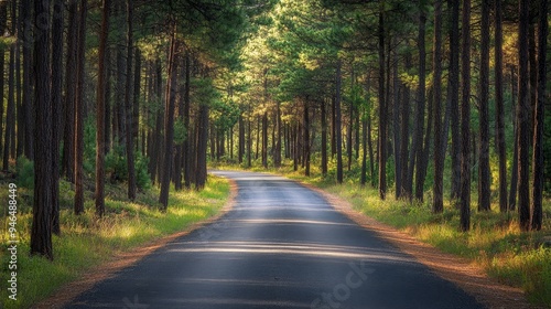 Serene Forest Road Bathed in Sunlight Filtering Through Pine Trees - Tranquil Nature Scene