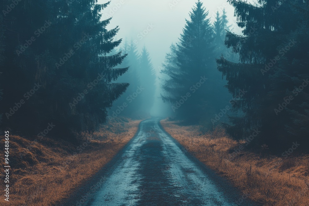 Enigmatic Foggy Forest Trail: Mysterious Pine Trees in Eerie Atmosphere Enigmatic Foggy Forest Trail: Mysterious Pine Trees in Eerie Atmosphere
