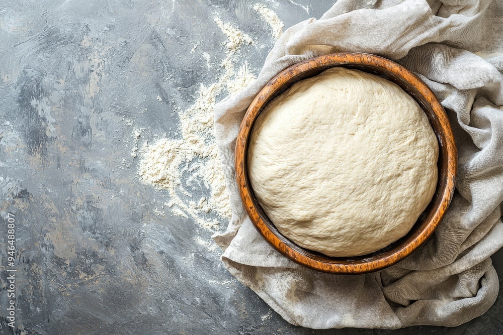 flat lay of a risen dough in a wooden bowl flat lay of a risen dough in a wooden bowl