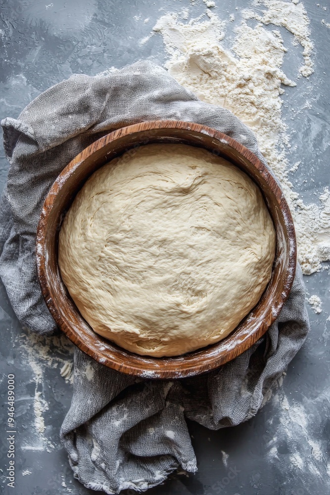 flat lay of a risen dough in a wooden bowl flat lay of a risen dough in a wooden bowl