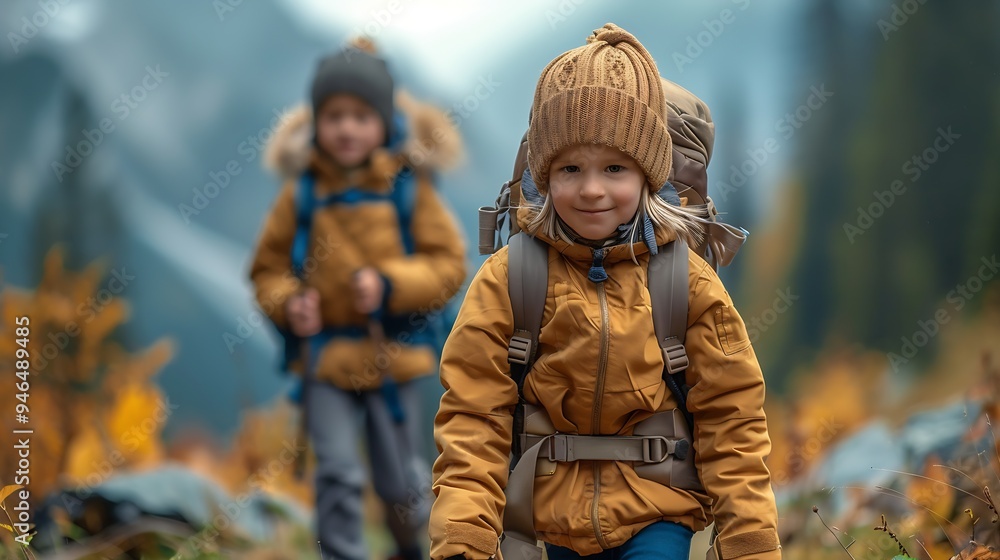 Little children holding each other hands and runing at autumn meadow. : Generative AI Little children holding each other hands and runing at autumn meadow. : Generative AI