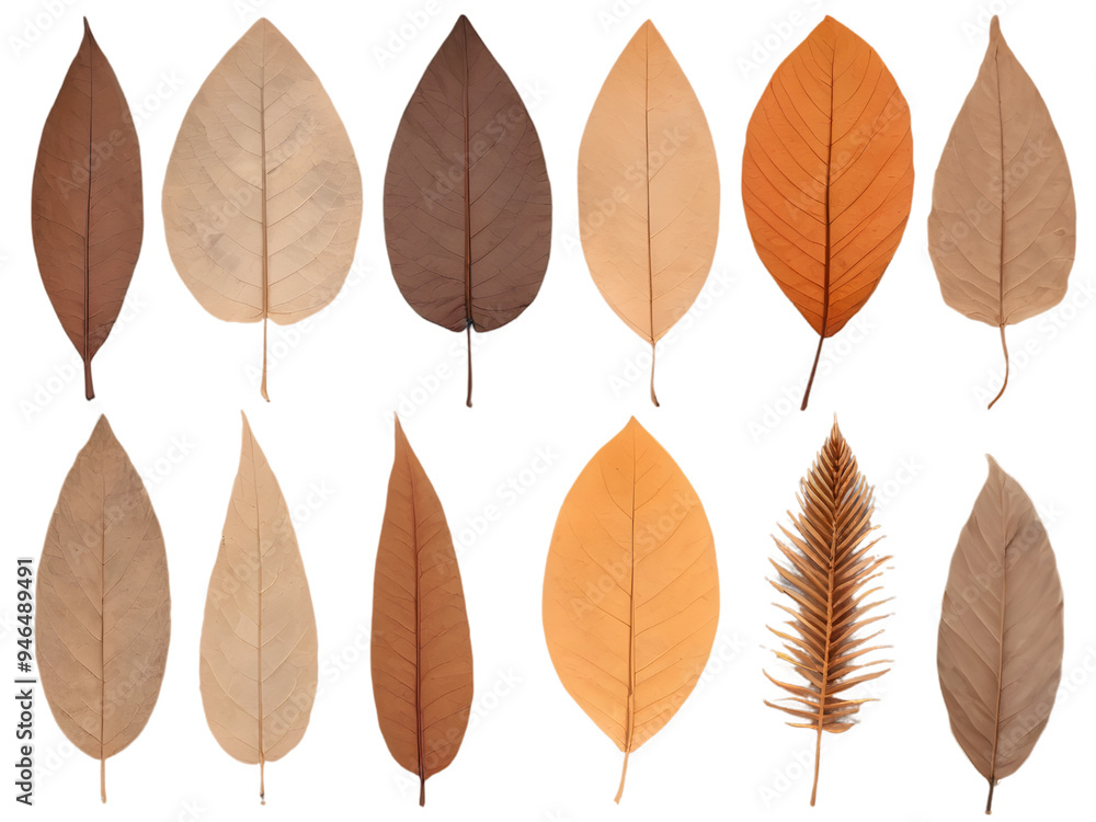 Fototapeta premium A collection of dry, brown tropical leaves in autumn, isolated on a transparent background.
