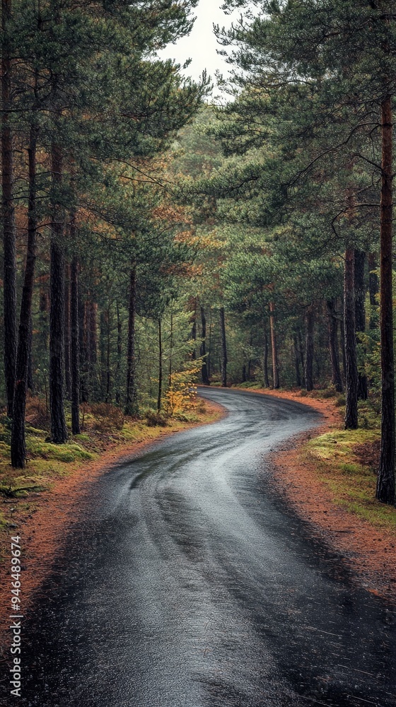 Naklejka premium Serene Path through Refreshing Pine Forest After Rainfall