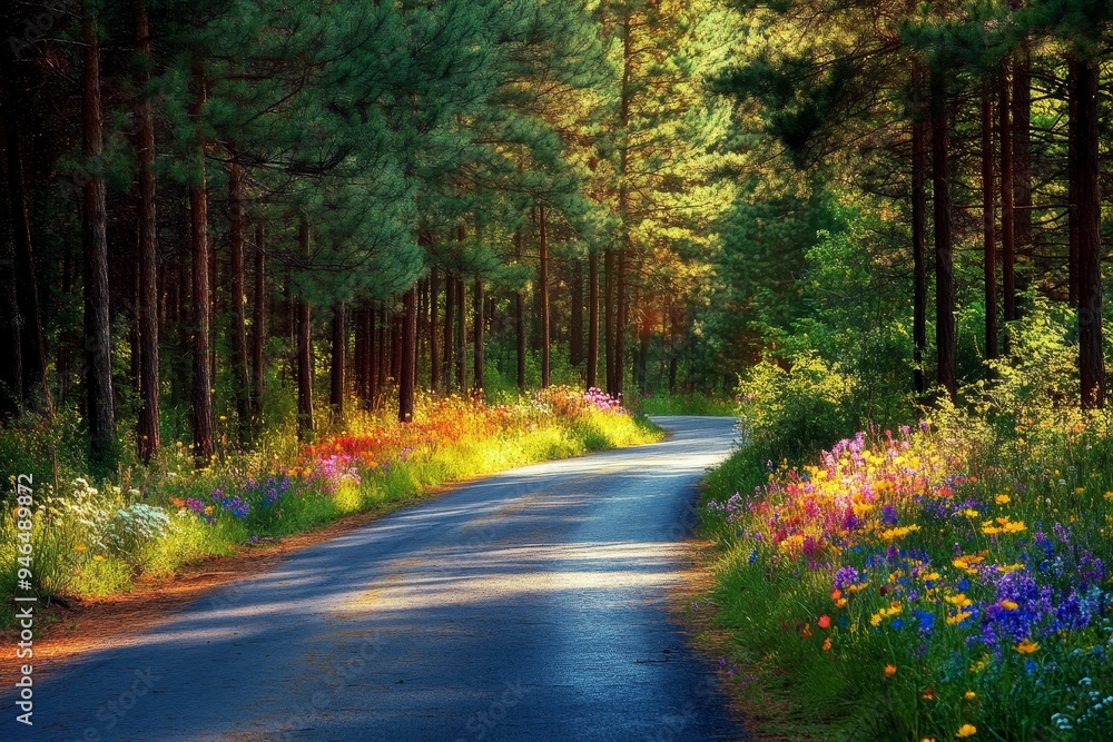 Fototapeta premium Scenic Forest Road with Vibrant Wildflowers and Pine Trees in Bloom