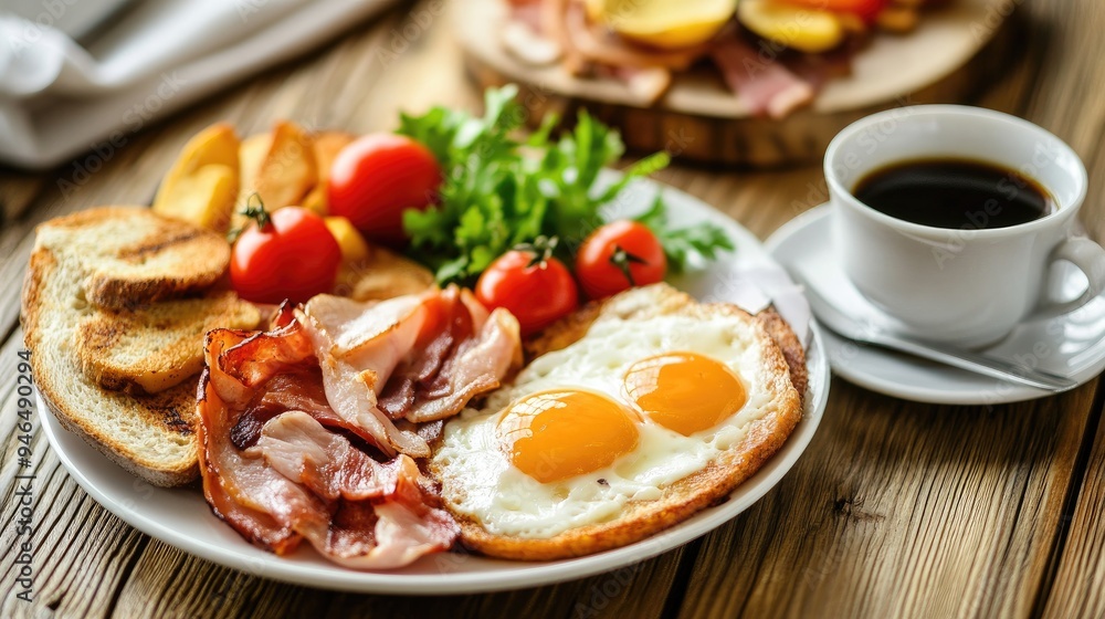 American breakfast with coffee cup on a wooden table, morning American breakfast with coffee cup on a wooden table, morning