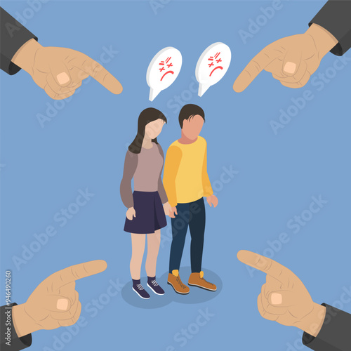 3D Isometric Flat Vector Illustration of Scared Unhappy Couple, Bullying, Harassment and Violence