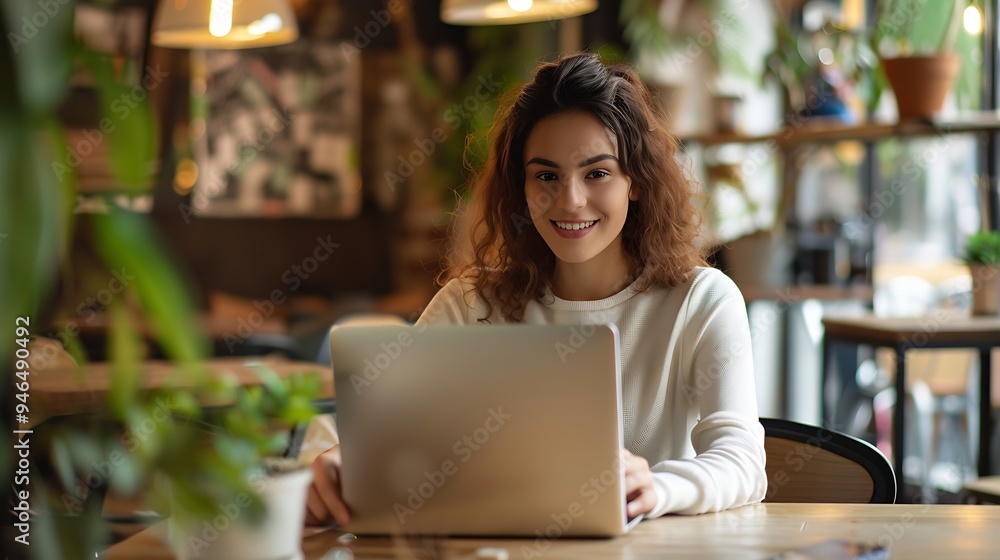 woman is happily learning on her desk on a laptop in a busy cafe : Generative AI woman is happily learning on her desk on a laptop in a busy cafe : Generative AI