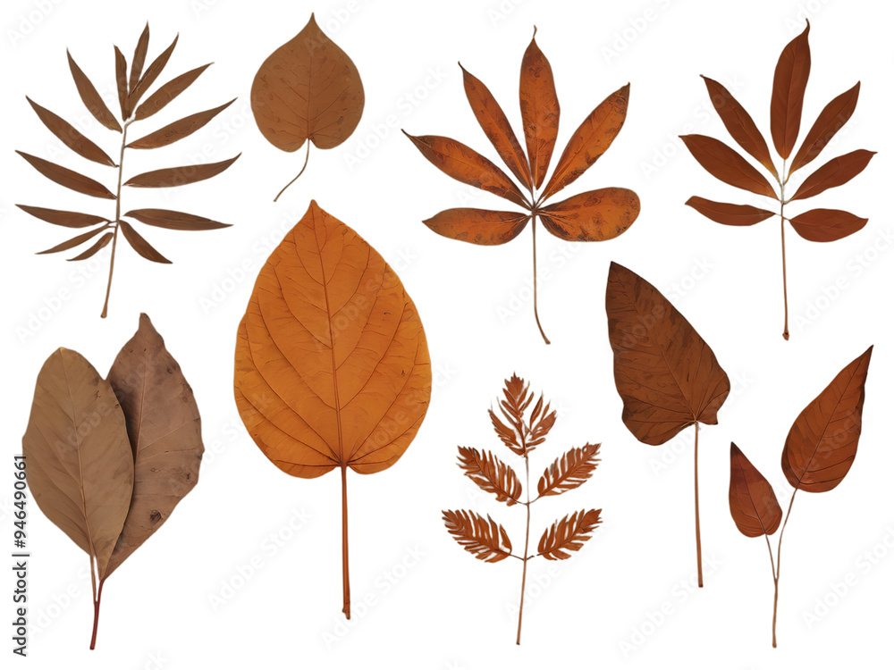 Fototapeta premium A collection of brown, dried tropical leaves isolated on a transparent background.
