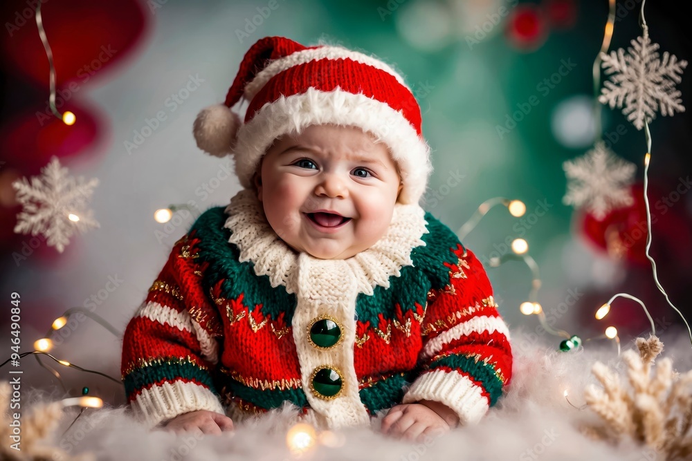 Happy Baby in Festive Sweater and Santa Hat Enjoying Christmas Decorations During the Holidays Happy Baby in Festive Sweater and Santa Hat Enjoying Christmas Decorations During the Holidays