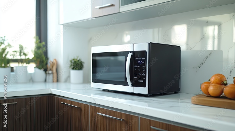 Fototapeta premium Modern kitchen with a microwave on a white marble countertop. White kitchen