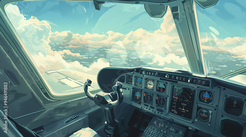 View from inside of a helicopter, pilot point of view, aircraft aviation, digital painting cinematic flying plane cabin above the clouded sky illustration photo