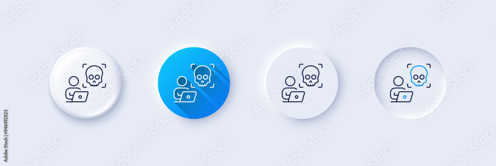Cyber attack line icon. Neumorphic, Blue gradient, 3d pin buttons. Ransomware threat sign. Computer phishing virus symbol. Line icons. Neumorphic buttons with outline signs. Vector