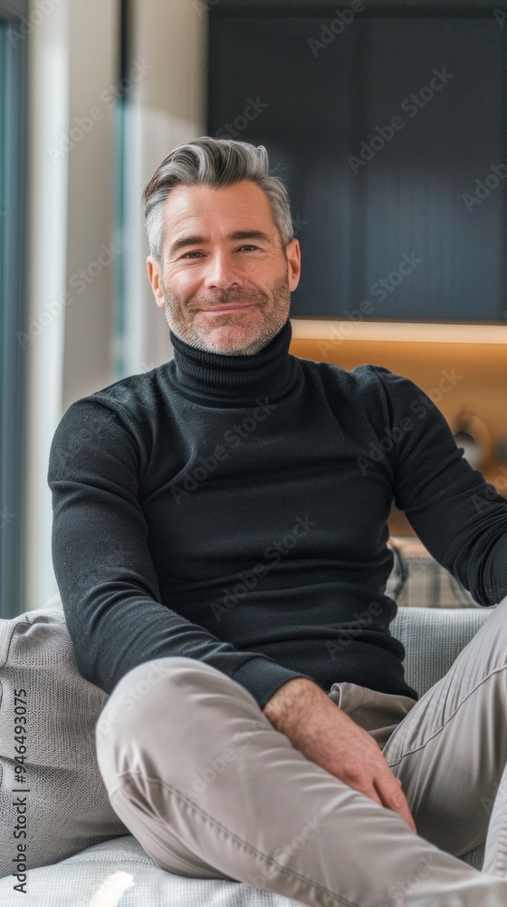 A man in a black turtleneck is sitting on a couch A man in a black turtleneck is sitting on a couch